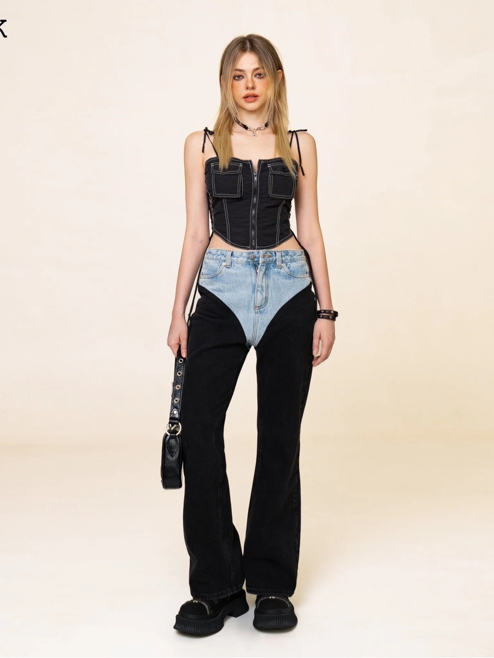 SMFK Contrast Panel Jeans Plan U Two Tone Denim Wide Leg